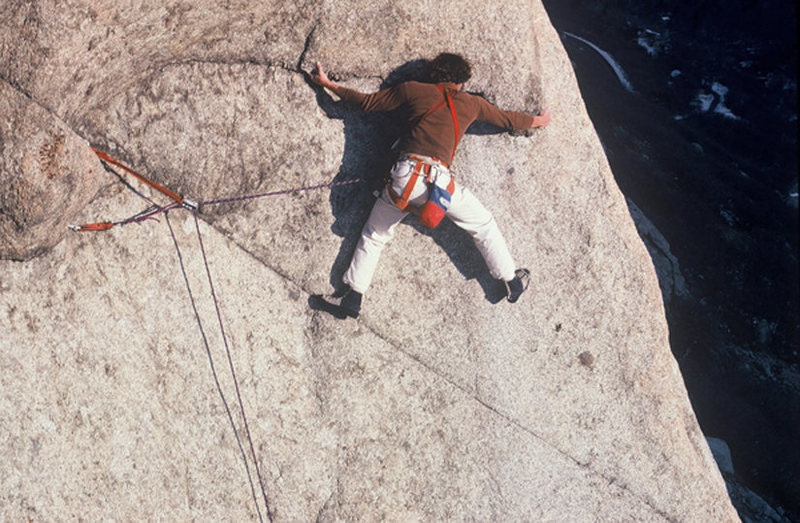 The late Steve Carruthers on an early ascent (1981). Here is one of the the routes several cruxes. The infamous mantle is higher up. Photo courtesy of Les Ellison.