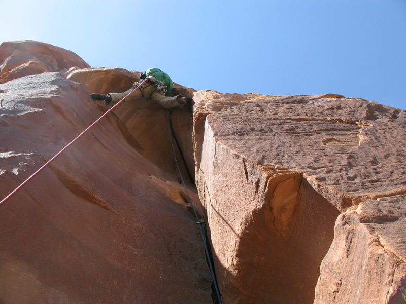 Pulling the roof on P4 instead of traversing left under the roof.