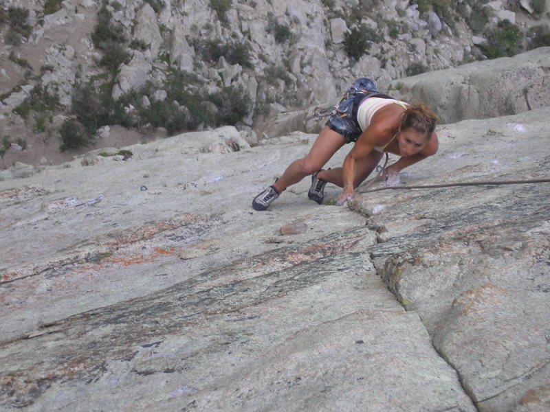 Following Abel up the second pitch of The Megaplex (Pine Creek Canyon, Bishop area)