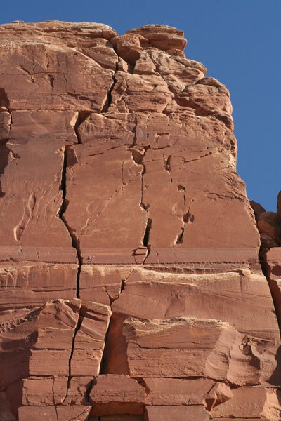 West Face of North Six Shooter. Climb the crack right of the OW, then go out right and diagonally up-