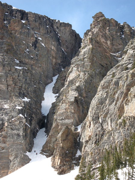 Two climbers below the first chockstone.  It was late on a hot spring day and the thing was pouring water.  04/18/2010.