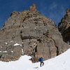 Frosty hiking under Zowie on the approach to Wham Couloir.