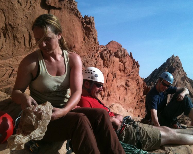 Jenn and company atop the airy and scorchingly sunny summit ledge of 1000' of Fun. (Must. Bring. Water.) 