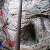 The actual "Amphitheater" at the very back of the gully/alcove.  The "Full Meal Deal" (5.10c) is in the corner just left of the feature.  "Slick Willard" (5.9) and "Climbing By The Brooks" (5.8) are just about 15 ft and 25 ft in front of it, on the left side.