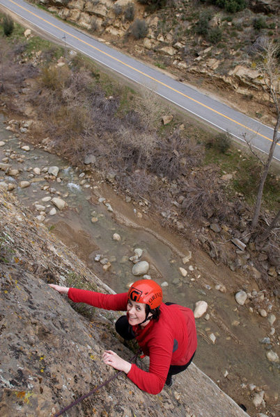 Erica nears the top of the first pitch of Half Ascent on a cool February day at Sespe Gorge.