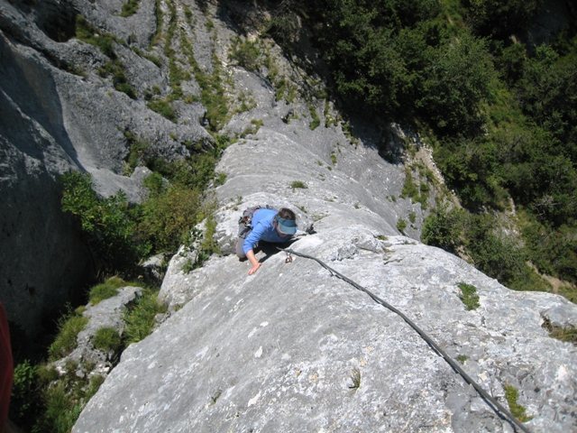 Carol coming up the first pitch of Pilier Gris.