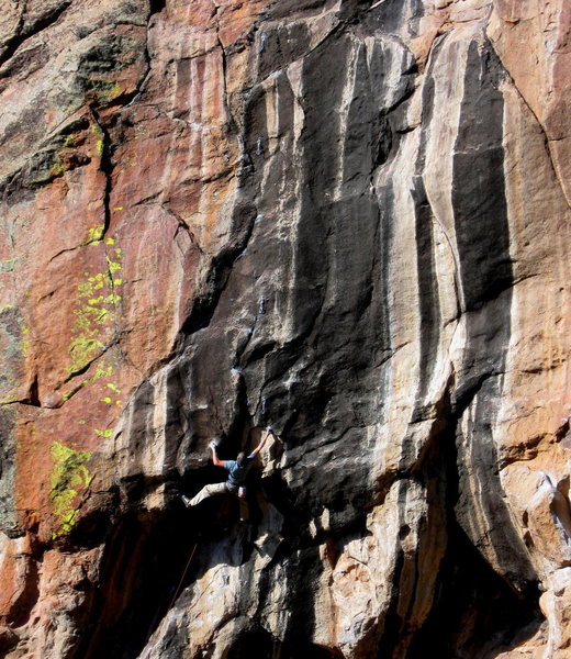 JJ Schlick on an early send of Solitaire, 2009. Making the move to the Black Diamond hold. The original bolting was much more engaging. We redid it just a few years later.
<br>

<br>
Wade Forrest photo