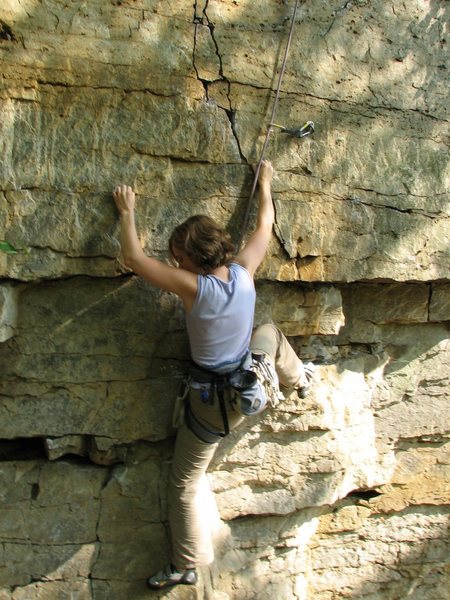 Heather Sudlow bearing down on some crimps at the start of Edge-u-cation. Belay and Photo by Greg Sudlow.