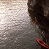 Susquehanna River, Muddy Run, Pennsylvania.  Deep water soloing.  50 feet of overhanging water-worn schist or limestone. 