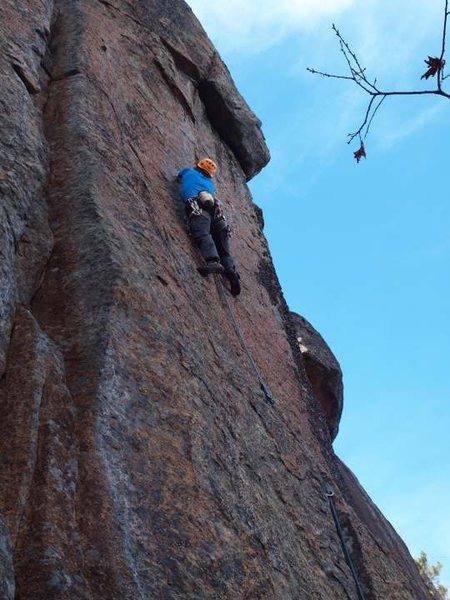 Jamie McNeill heading toward the crux of <em>Plumb Line</em>.