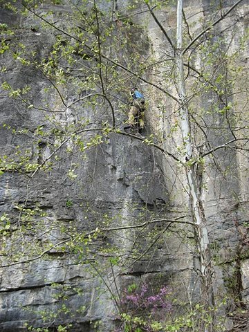 Evan Kennedy nearing top of Wish I Were a Golfer (5.10b). Belay be Josh Davidson. Photo by Greg Sudlow.