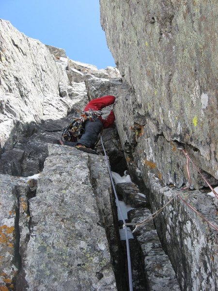 Chris Sheridan climbing the upper corners of Adaptive Methods on 5/9/10.  Photo by Andy Grauch.