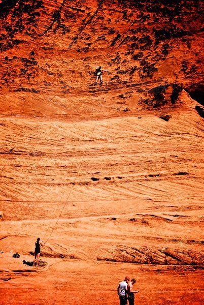 Melissa Aldape 1/2 way up Pygmy Alien. Photo enhanced slightly to show how rock texture changes as you climb this classic. 