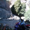 Looking down at Zach from the Left Arete of Padded Cell, Storm Mountain Island.<br>
Thanks to Jonathan Scoville and Zoso for figuring out which route I was actually on. 