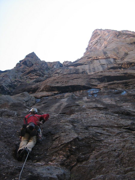 Seth heading up P1.  The pillar and stacked flakes are visible directly above his helmet.