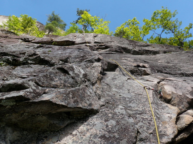 Looking up the 3rd pitch, you can see the line we took.  The bulge at the top center is the crux, and is quite fun.