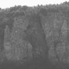 View of Sentinel Buttress, Washboard area. Climbers on several lines. Zoom in!