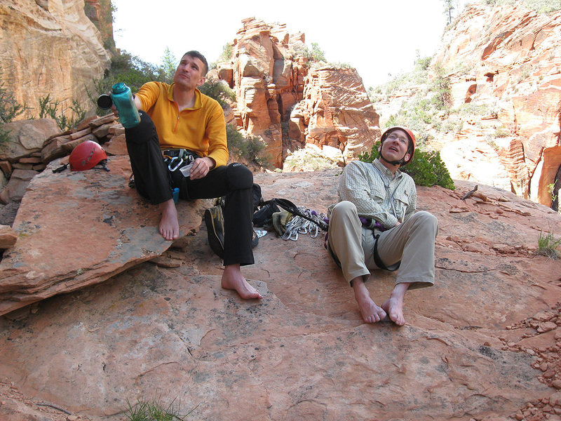 Lee Jensen and I relaxing and having lunch before the eighth pitch of <em>[[105717787]]</em>. May, 2010.<br>
<br>
Photo by Marc Jensen.