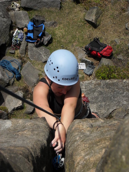 Jess cleaning the furthest left HVS on Exodus buttress