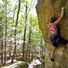 Maneuvering the crux moves on Spider Balls (5.10d) is Tanya Chupa. 