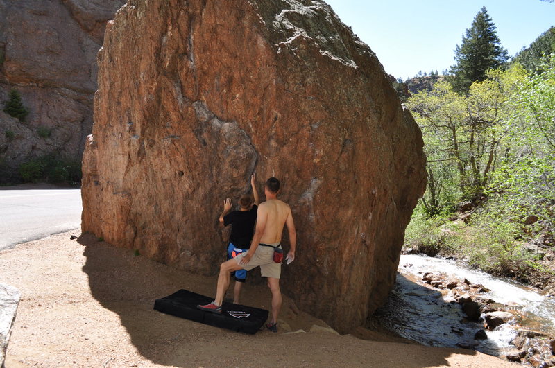 Great shot of the Boulder, slight overhang crack.  Good V5.  This will also help you recognize it when you see Graduation Boulder.