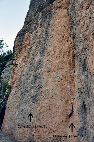 'Carn d'olla' (11d/7a) and 'El senyor de les mosques' (11a/6b+) both on Can Verdures