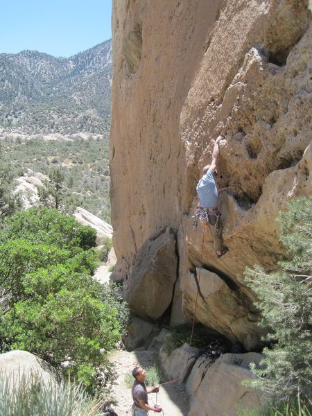 Eric passing the first bolt on Rough Draft. Sketchy fall if you miss the first bolt