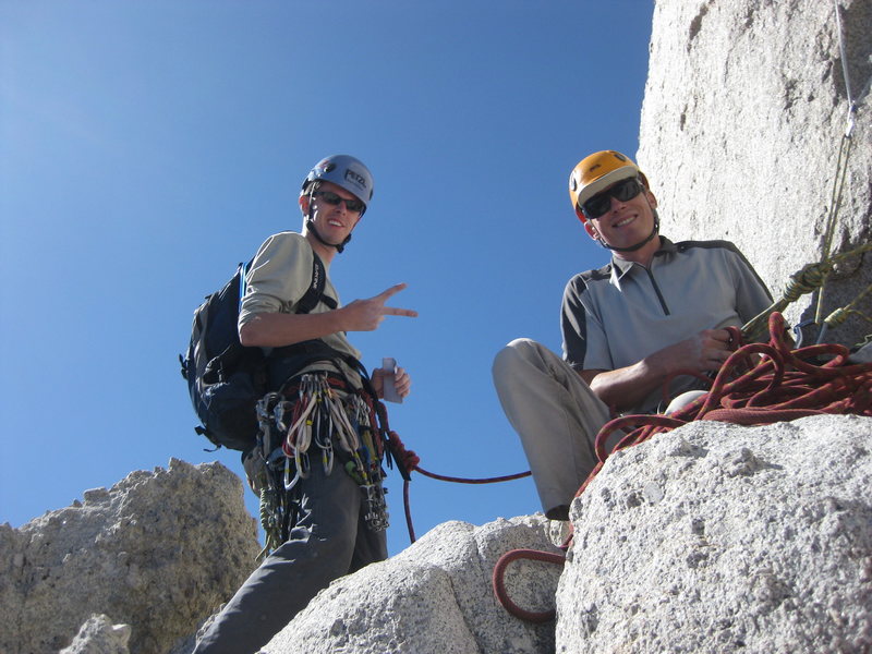 Gary Castleman and Chris Barker on the 4th pitch belay ledge gearing up for the summit!