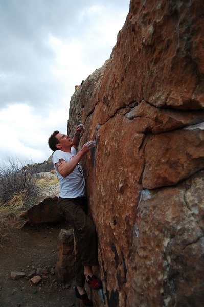 Jared LaVacque warming up on My Two Cents, V2, Rotary Park, Horsetooth Reservoir, CO