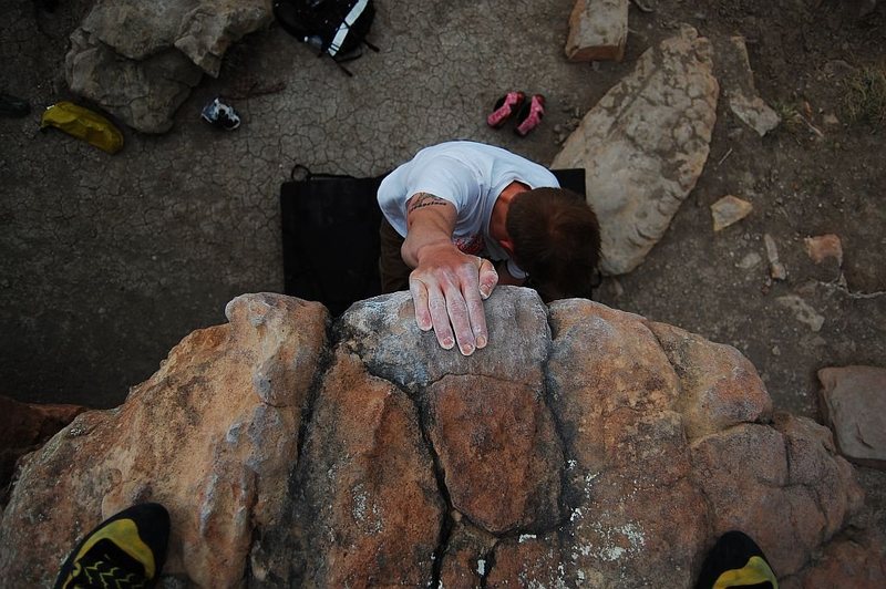 Topping out on Penny Lunge V0+, Rotary Park, Horsetooth Reservoir, CO.