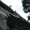 Amit at the end of the traverse on the third pitch.