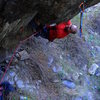 In the middle of the first crux of Tater Tot.  Photo by Brian Kimball, 5/10.