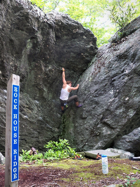 Kasi Quinn on "Cherokee Dihedral" (V-1) at the Rock House (Picnic) Area, Rock House Boulder, GHSP