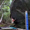 Steve Lovelace on "Indian Outlaw" (V-3), Rock House (Picnic) Area, Rock House Boulder, GHSP