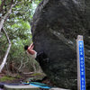 Steve Lovelave matched on the first sidepull ledge on "Indian Outlaw, Rock House Boulder, GHSP