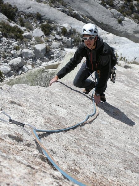 Claudio on the airy ridge of the last pitch