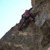 Darren on pitch 2 - FA of Ride the Snake & Gneiss Roof linkup.