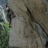 Brandon heading onto the slab on To Air is Human 5.10d