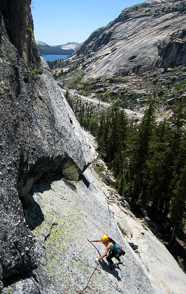 Irina gets ready to traverse the final slab moves of the knobalicious first pitch.<br>
<br>
June 2009 