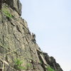 Last pitch above last crux (5.6). Far from the climbing being over though. The worst talus field is at the top. The Black Knight protects the belay from any rock fall. Teresa had none.