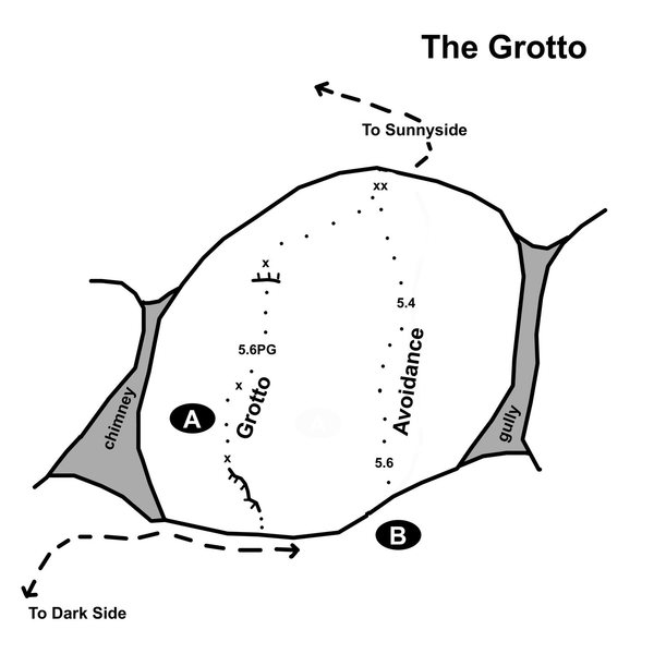 "Grotto" (5.6 PG) is a 3 bolt lead located on the left side of the wall. "Avoidance" (5.6) is a top rope located on the right side.