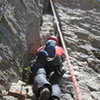 Looking up at the crux on P2. 