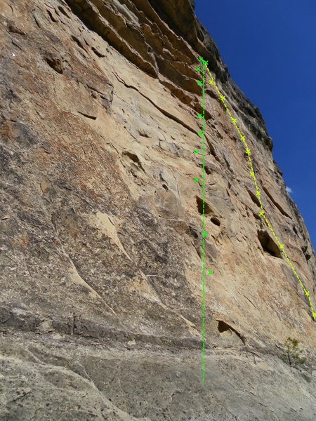 Yellow- Boney Fingers 5.11c<br>
Green- Catacomb 5.10c<br>
Picture is from a weird angle Boney Fingers heads staight up and Catacomb arches to the right