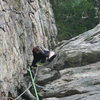 Climbing the 2nd pitch up to the GT ledge.