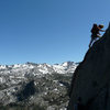 Pitch Three.  The steep slanting crack is below me and I'm on the arete. Photo by Natalie Makardish