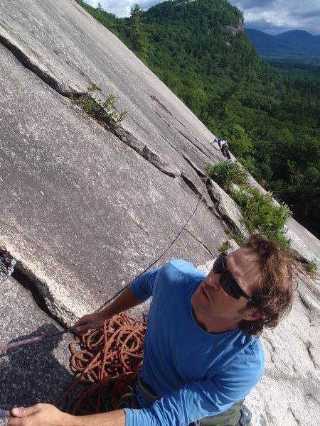 Bernardo belaying at the two bolts at the very bottom of the arch on standard route.  Ryan traversing to the belay after climbing up from "The Toilet Bowl" in the background.