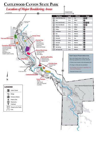 Location of major Bouldering Areas throughout Castlewood Canyon. This covers the major areas that have been developed and documented. <br>
<br>
Please let me know if anything is incorrect or needs updating. <br>
<br>
As of July, 2010.