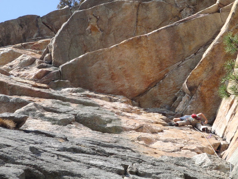 It's a butt shot, but it shows the line of the first pitch of Alphonse pretty well.  From here, i traversed left to a stance and did a hanging belay because all the gear was knee-height.