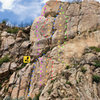 Topo for Upper Gibraltar<br>
BLUE: Triple Overhang<br>
PURPLE: Dazed & Confused<br>
ORANGE: a Route Runs Through It<br>
RED: the Crescent Direct<br>
YELLOW: the Soul<br>
GREEN: the Gibbon