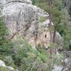 Climbers on 4 of the routes that exist at this time. from left to right. X Ray, Jackie's Separation Anxiety,Sting Ray,Canadian Bacon.